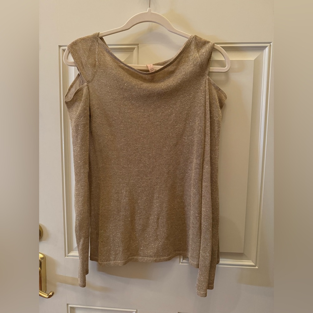Bailey 44 black sabbath top gold sparkle cold shoulder S $125 sweater l/s linen - Picture 7 of 10